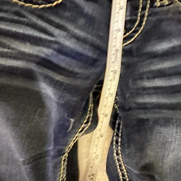 Silver denim slim bootcut jeans.  Embroidered, buttoned back pockets.  Size 24 - Picture 8 of 11